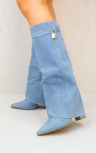 Denim Fold Over Shark Classic Buckle Knee High Boot