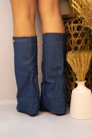 Denim Fold Over Shark Wedge Heel Knee High Boot