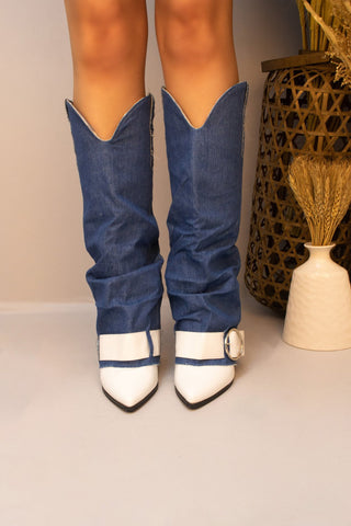 Denim Fold Over Shark White Detailing Buckle Strap Knee High Boots