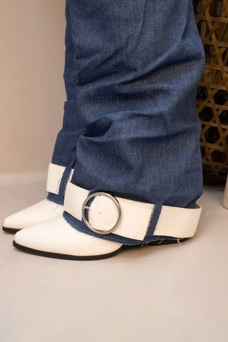 Denim Fold Over Shark White Detailing Buckle Strap Knee High Boots