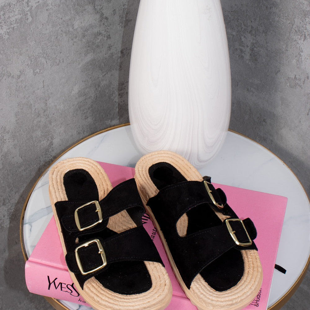 Double Buckle Strap Footbed Espadrille Sliders in Black