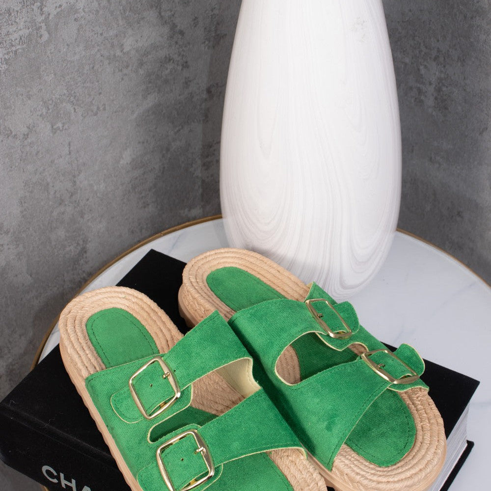 Double Buckle Strap Footbed Espadrille Sliders in Green