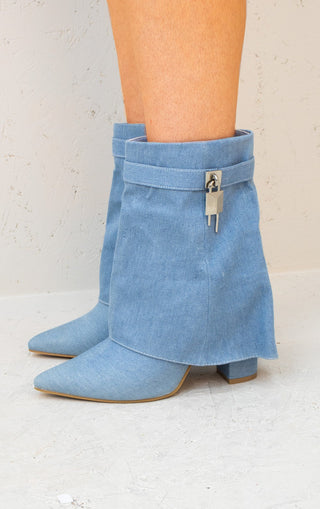 Double Denim Fold Over Shark Buckle Strap Ankle Boots