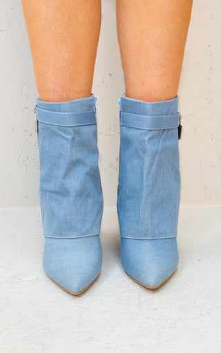 Double Denim Fold Over Shark Buckle Strap Ankle Boots