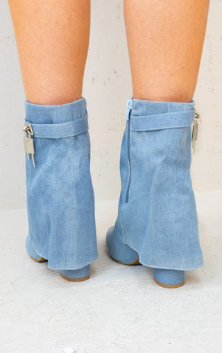 Double Denim Fold Over Shark Buckle Strap Ankle Boots