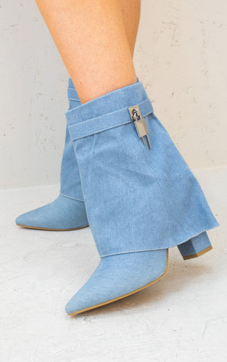 Double Denim Fold Over Shark Buckle Strap Ankle Boots