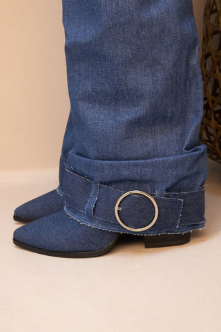 Double Denim Fold Over Shark Buckle Strap Knee High Boots