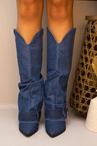 Double Denim Fold Over Shark Buckle Strap Knee High Boots