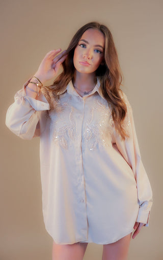 Embellished Collared Button Up Shirt Beige