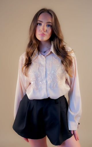 Embellished Collared Button Up Shirt Beige