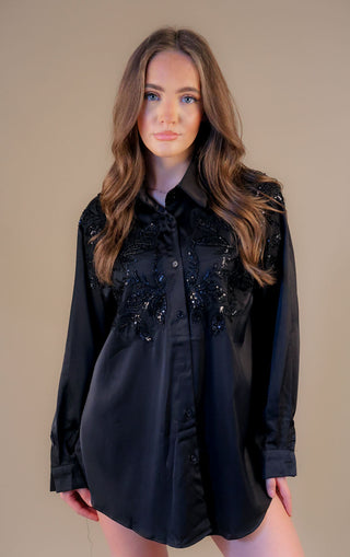 Embellished Collared Button Up Shirt Black