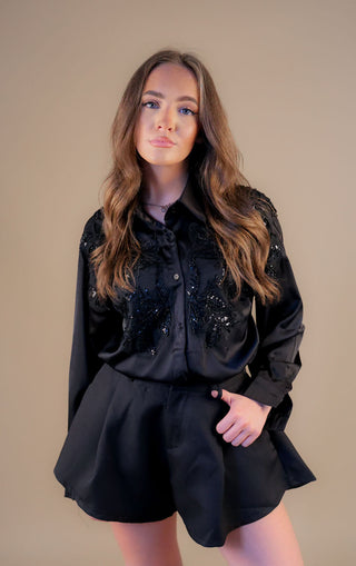 Embellished Collared Button Up Shirt Black