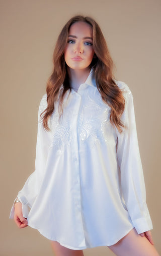 Embellished Collared Button Up Shirt White