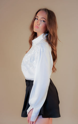 Embellished Collared Button Up Shirt White