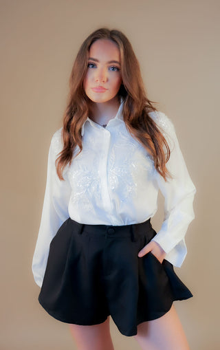 Embellished Collared Button Up Shirt White