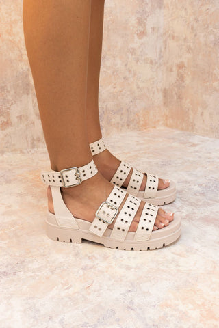 Eyelet Detail Chunky Sole Flat Gladiator Sandal In Beige Faux Leather