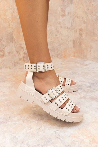 Eyelet Detail Chunky Sole Flat Gladiator Sandal In Beige Faux Leather