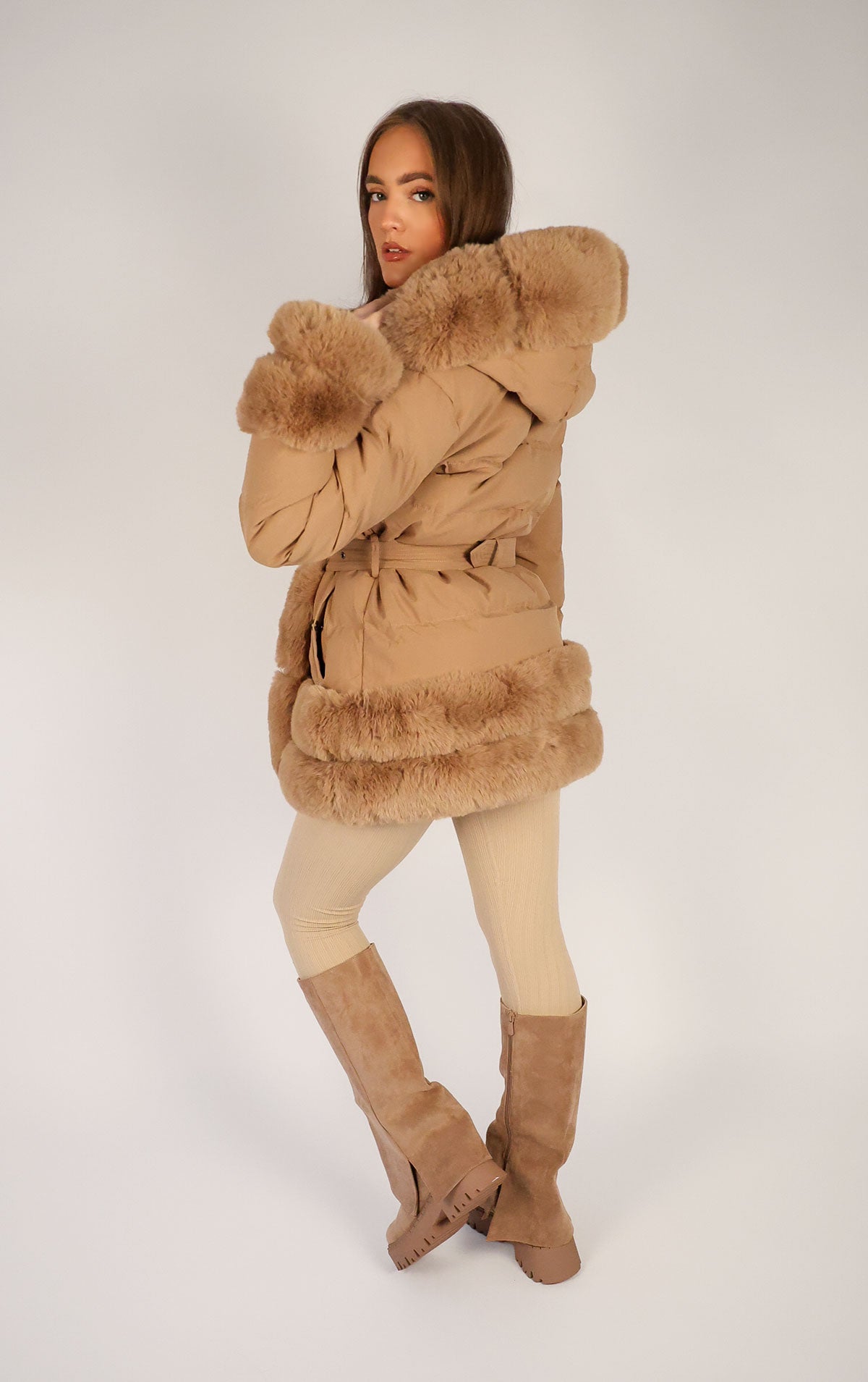 Fur Trim Winter Coat With Fluffy Hood Camel Faux Fur Trim Puffer