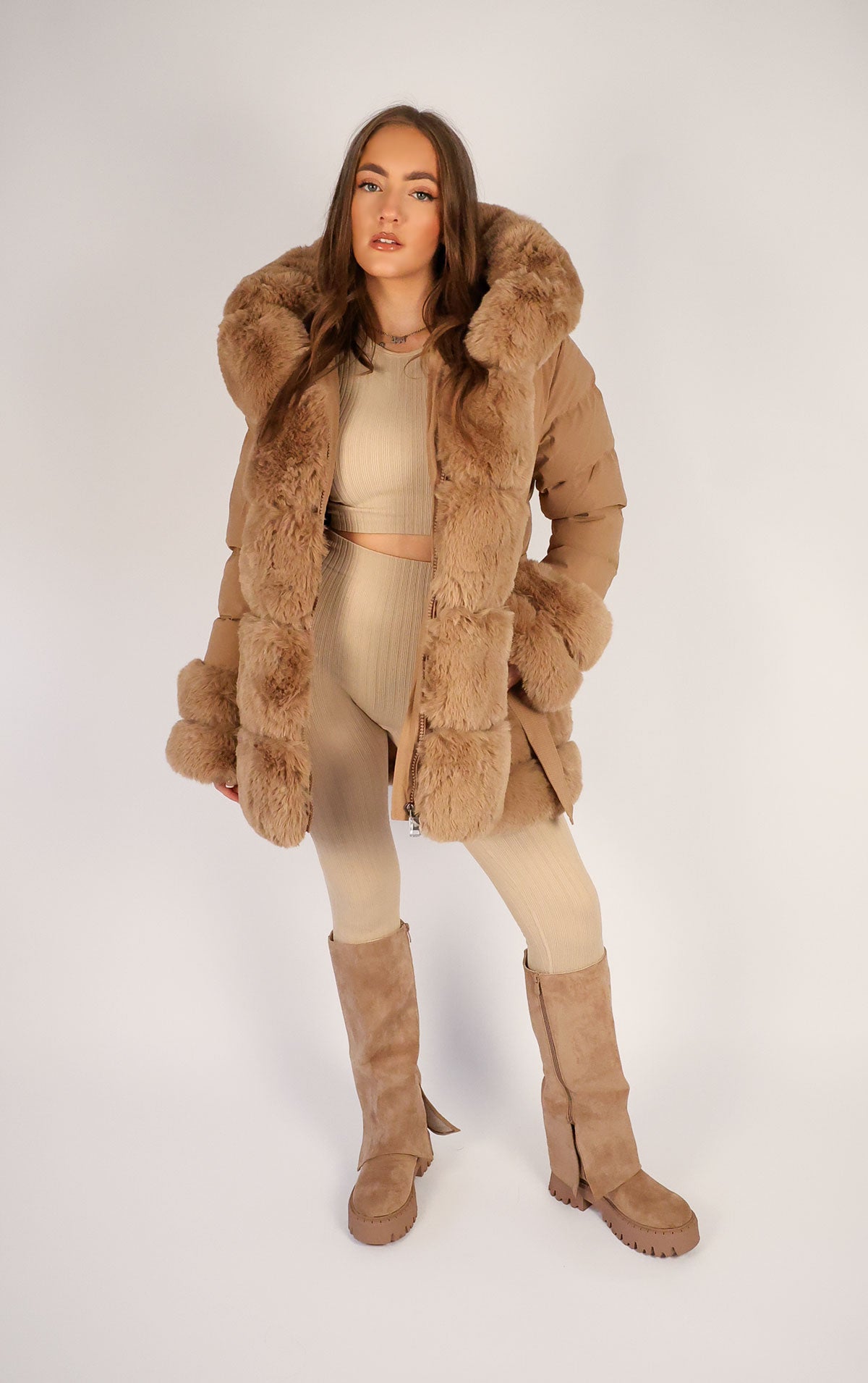 Brown Faux Brown Fur Bubble Coat Camel Faux Fur Trim Puffer Hooded