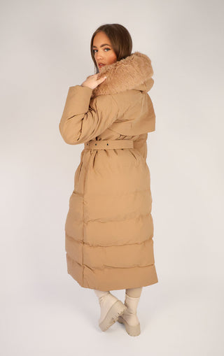 Camel Long Puffer Duvet Coat With Belt and Fur Hood