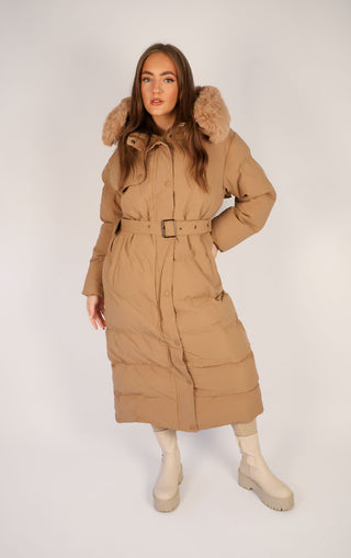 Camel Long Puffer Duvet Coat With Belt and Fur Hood