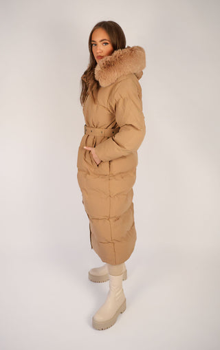 Camel Long Puffer Duvet Coat With Belt and Fur Hood