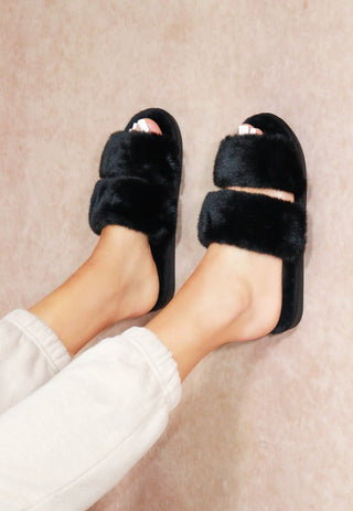 Fluffy Slipper Slides Black