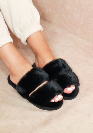 Fluffy Slipper Slides Black