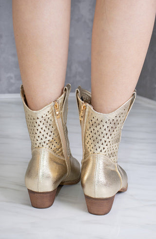 Gold Cut Out Block Heel Short Cowboy Boot