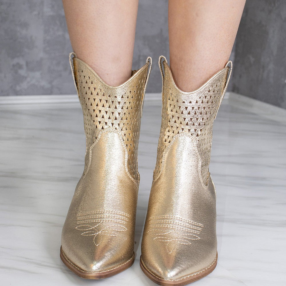 
                      
                        Gold Cut Out Block Heel Short Cowboy Boot
                      
                    