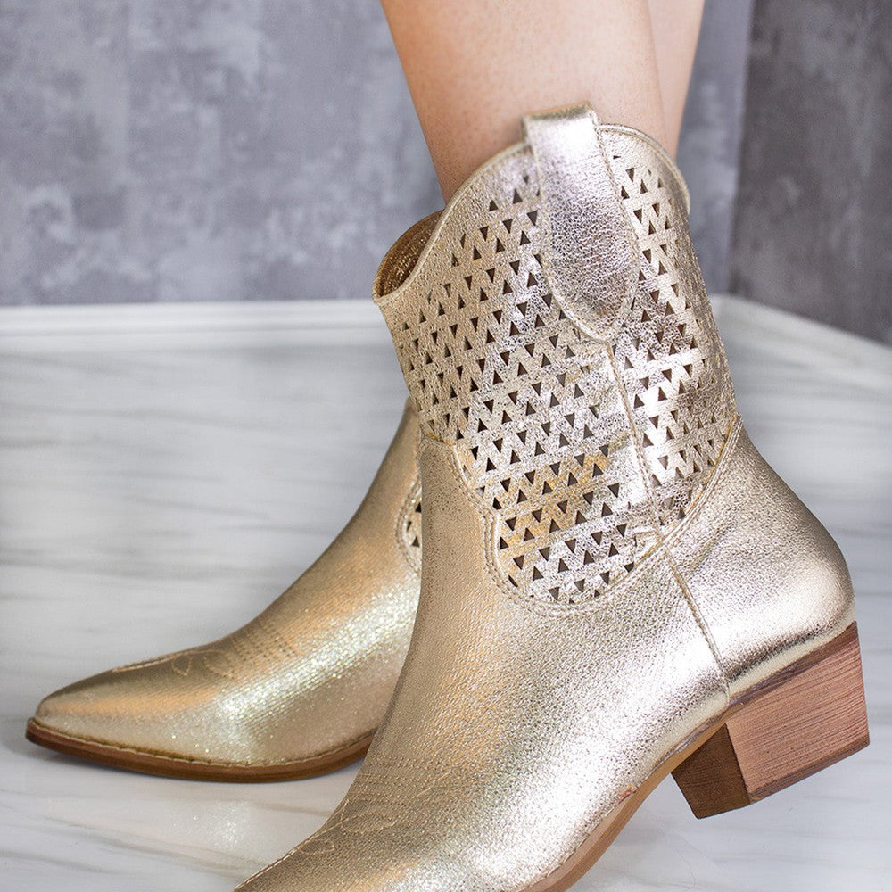 Gold Cut Out Block Heel Short Cowboy Boot