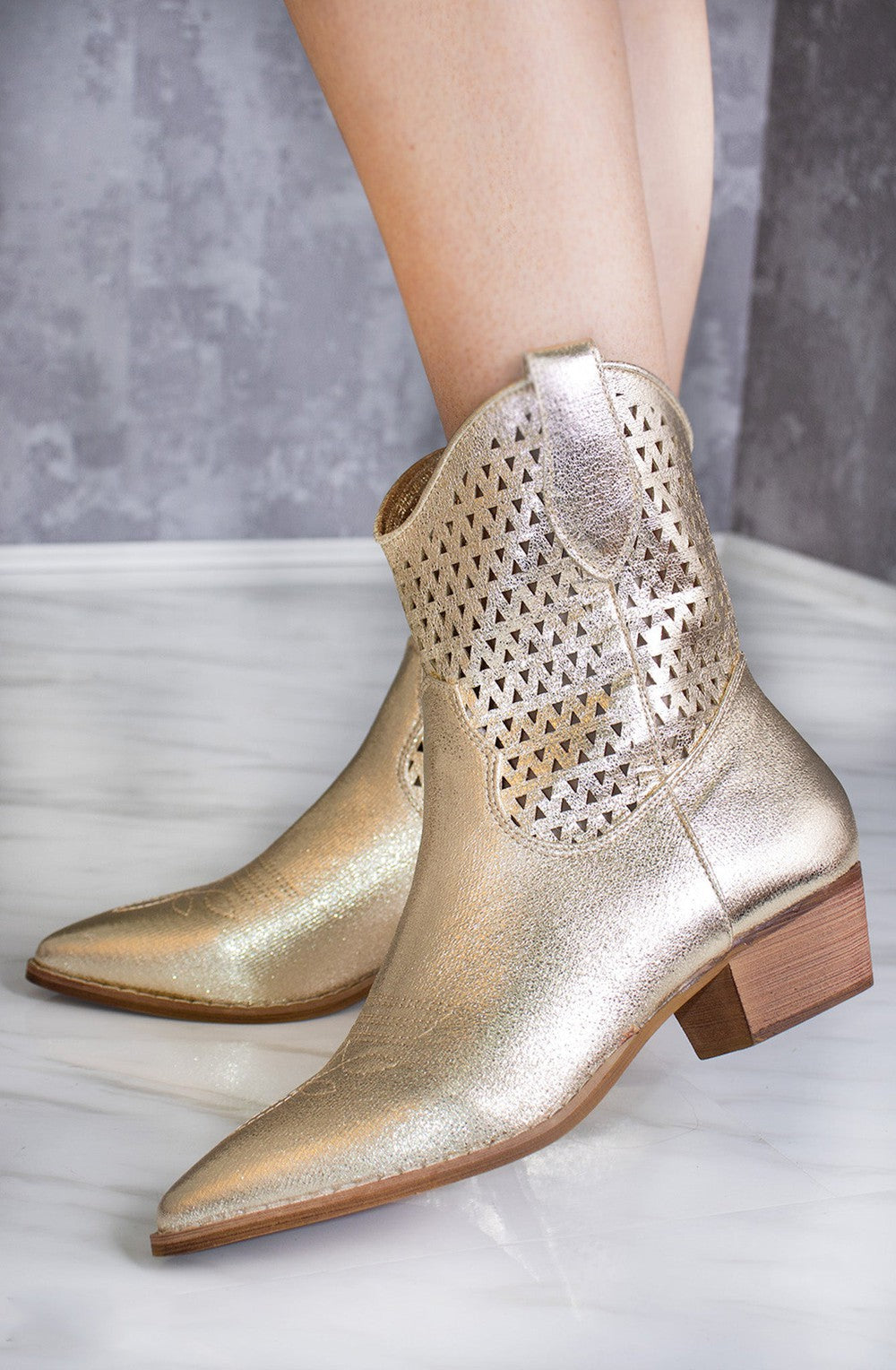 Gold Cut Out Block Heel Short Cowboy Boot