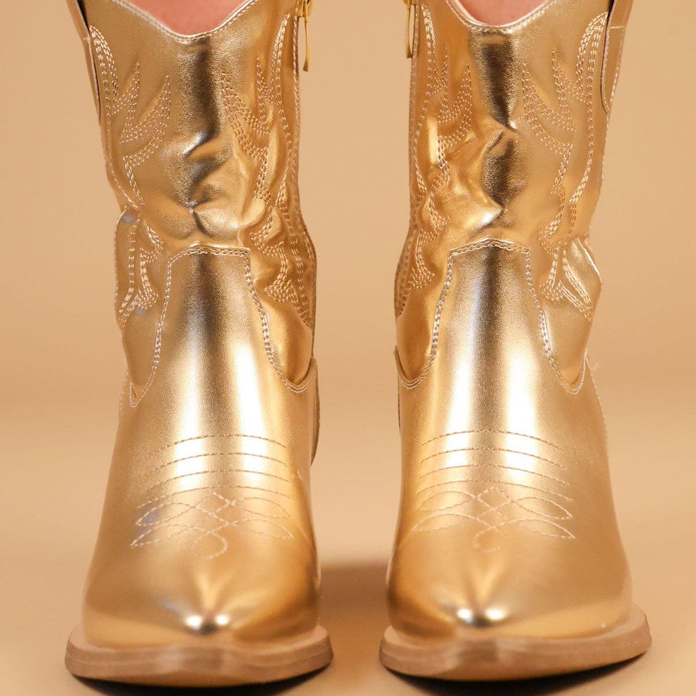 
                      
                        Gold Embroidered PU Cowboy Ankle Boots
                      
                    