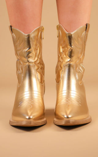 Gold Embroidered PU Cowboy Ankle Boots