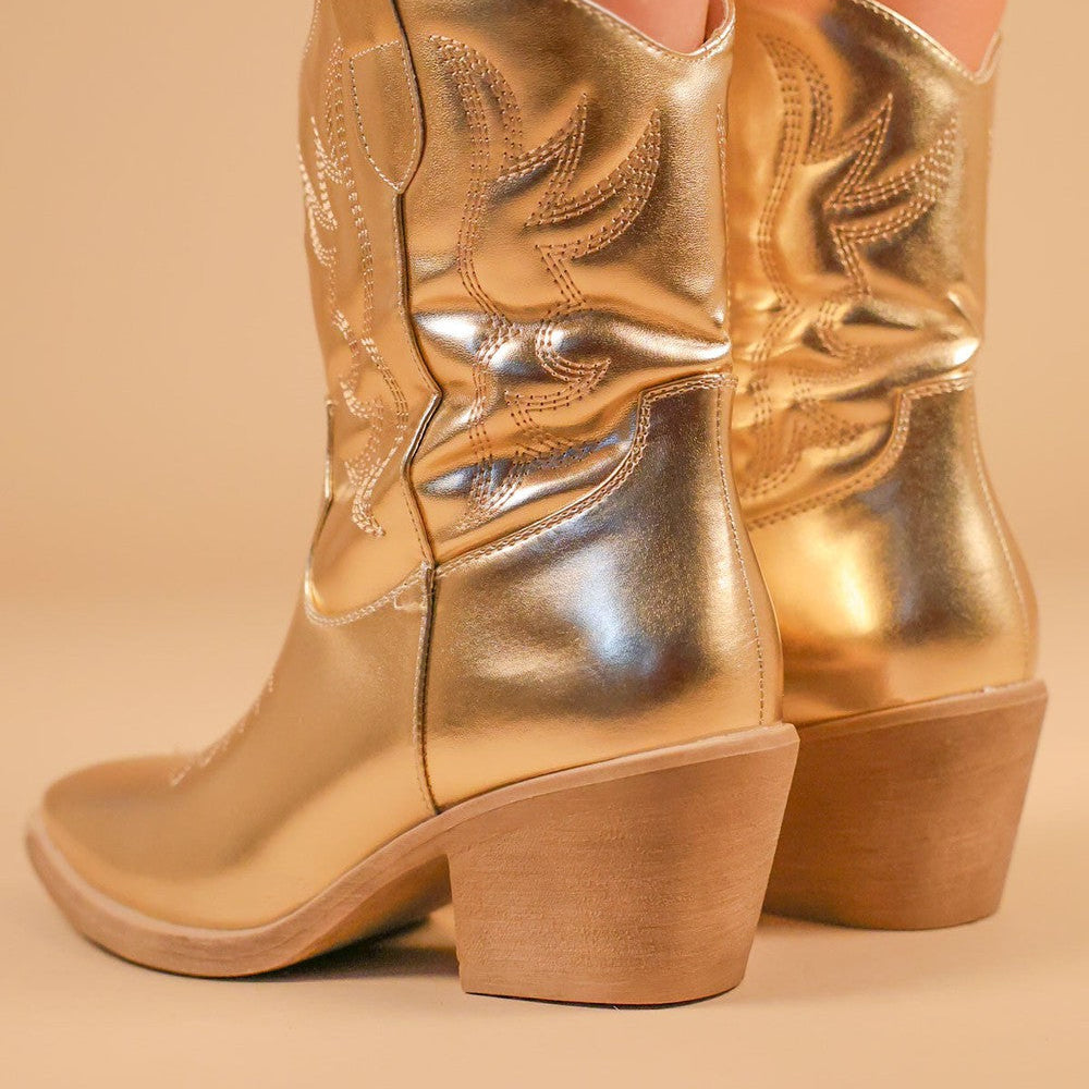 
                      
                        Gold Embroidered PU Cowboy Ankle Boots
                      
                    