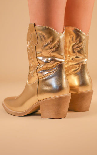 Gold Embroidered PU Cowboy Ankle Boots