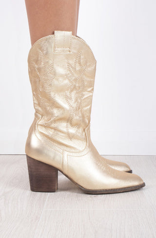 Gold Faux Suede Embroidered Western Pointed Toe Mid Calf Cowboy Boots