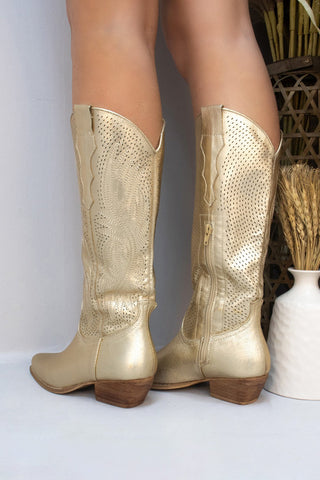 Gold Mesh Embroidered Detail Mid Calf Faux Suede Cowboy Boots