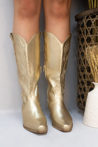 Gold Mesh Embroidered Detail Mid Calf Faux Suede Cowboy Boots