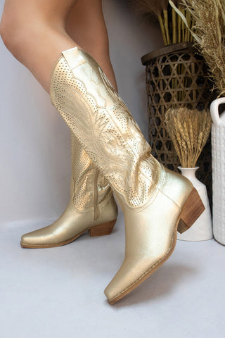 Gold Mesh Embroidered Detail Mid Calf Faux Suede Cowboy Boots