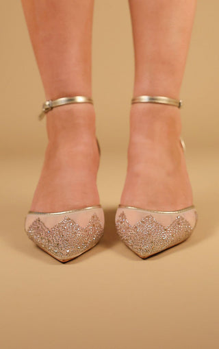 Gold Mesh and Diamante Mid Heel Court Shoe