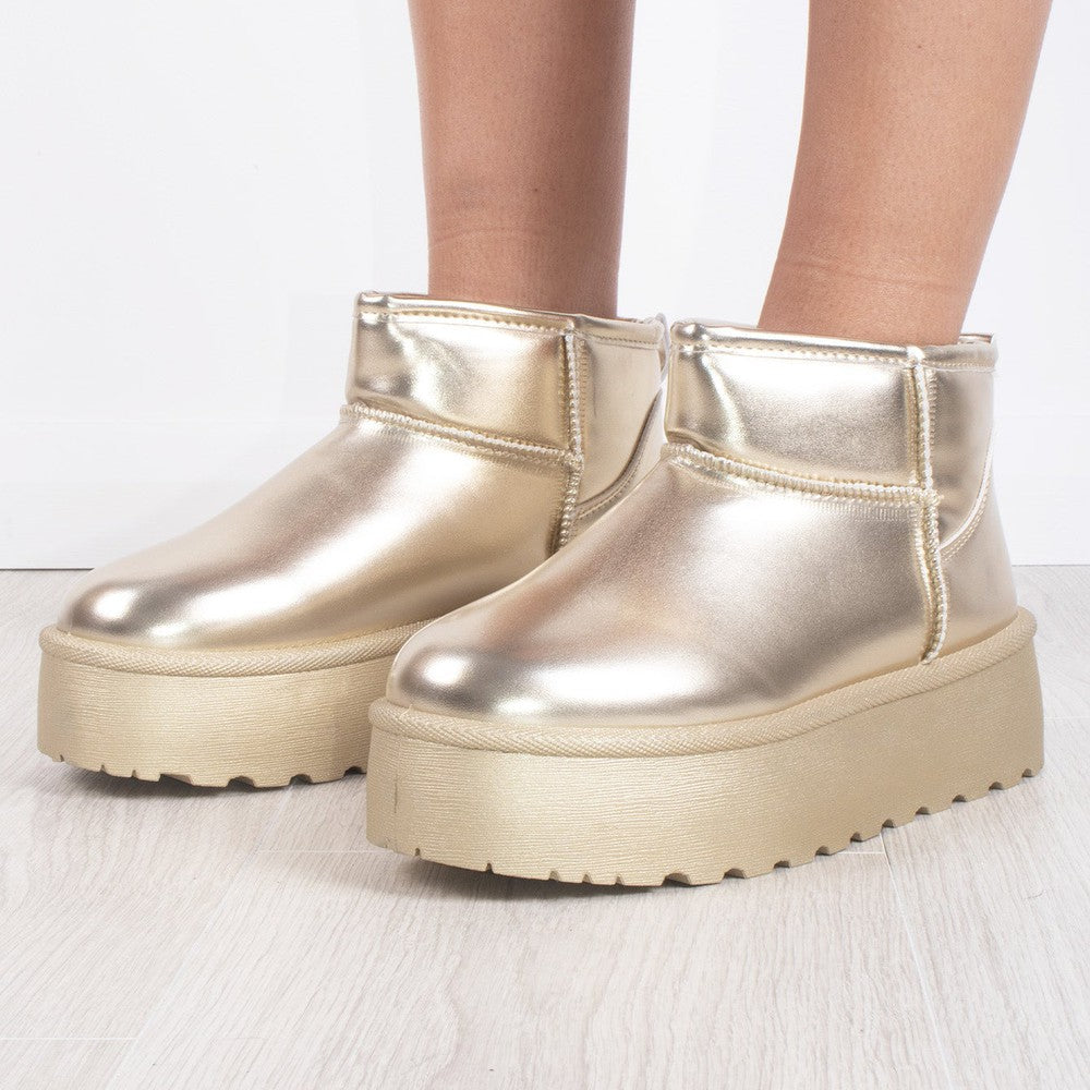 Gold Metallic Faux Leather Ultra Mini Ankle Ribbed Sole Platform Boots