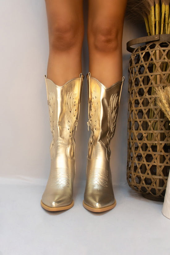 Gold Calf Length Classic Western Cut Out Cowboy Boot