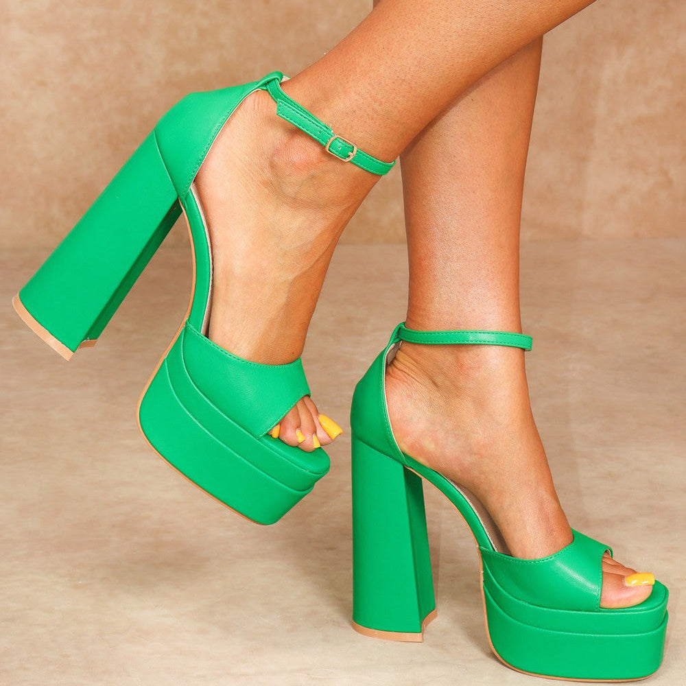 
                      
                        Green Faux Leather Peep Toe Platform Block Heel With Ankle Strap
                      
                    