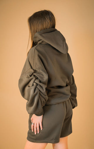 Green Tracksuit Ruched Hoodie and Shorts Set