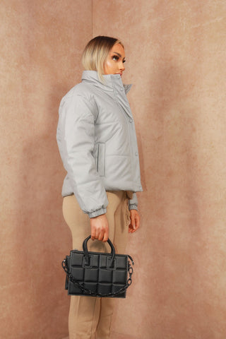 Grey Cropped Faux Leather Look Puffer Jacket