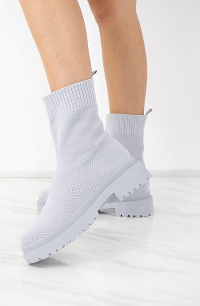 Womens Grey Fabric Ribbed Ladies Ankle Sock Boot Miss Moda Luxe