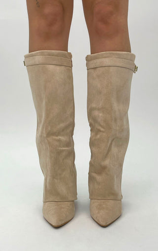 Beige Faux Suede Fold Over Shark Classic Buckle Knee High Boot