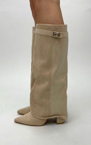 Beige Faux Suede Fold Over Shark Classic Buckle Knee High Boot