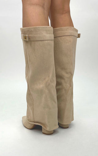 Beige Faux Suede Fold Over Shark Classic Buckle Knee High Boot